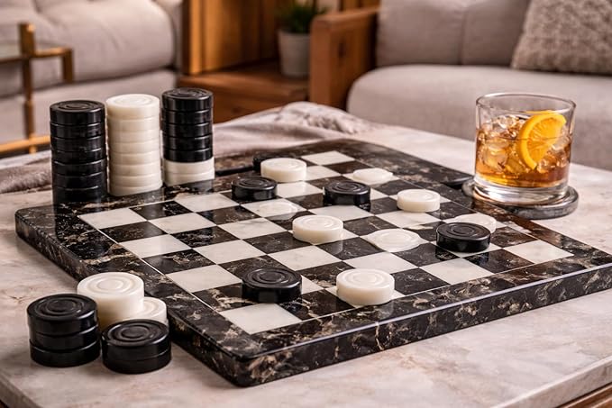 Marble Chess and Checker Pieces Set with Free Storage Box Collection (White Black)