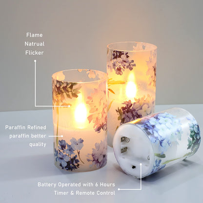 FLAVCHARM Floral Flameless Candles Decorative Battery Operated with Remote Hydrangea Flowers Romantic Lovers Flickering Pillar Candles for Wedding Tray Centerpiece Home Decor