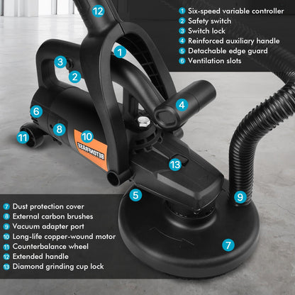 Concrete Grinder Set with Long Handle & Dust Extraction Shround, 7 Inch 3800W 6000RPM Concrete Floor Grinder Concrete Surface Planer 6 Gears & Auxiliary Wheels for Grinding Concrete Cement Marble