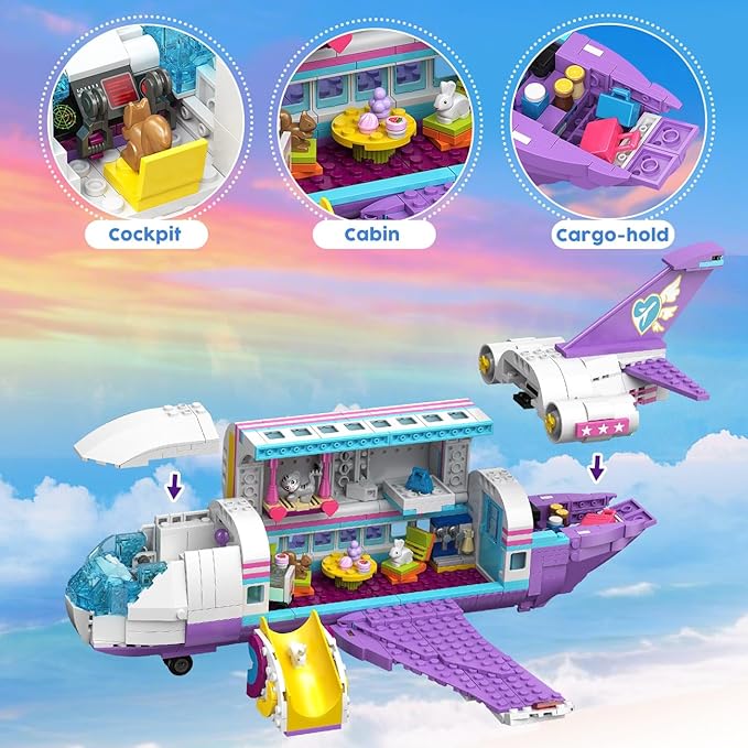 HOGOKIDS 3-in-1 Friends Airplane Building Toy Set - 808PCS Plane/Boat/Camper Van Building Toys with Cute 6 Mini Animals Slide Fun Accessories and Stickers Birthday Gifts for Girls Boys Age 8-12+