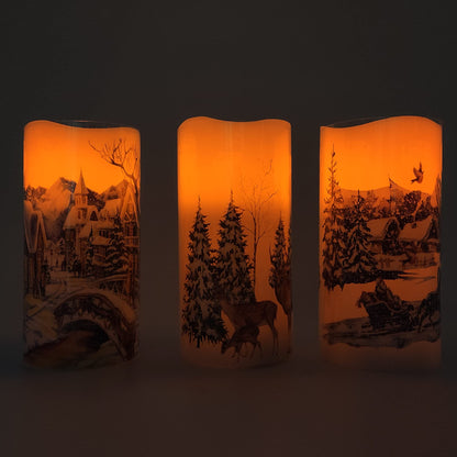 Darnassus Christmas Flameless Candles Real Wax LED Candles Decor Battery Operated with Timer and Green Christmas Tree Decal,Set of 3,Warm Light