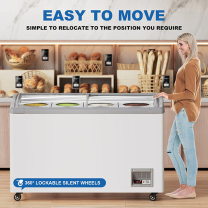 ECEVT Commercial Ice Cream Freezer, 13 Cu.Ft Ice Cream Dipping Cabinet Chest Freezer with Sliding Glass Top, 51'' with 8 * 3 Gallon Tubs, Rolling Wheels & Lockable Brakes for Business