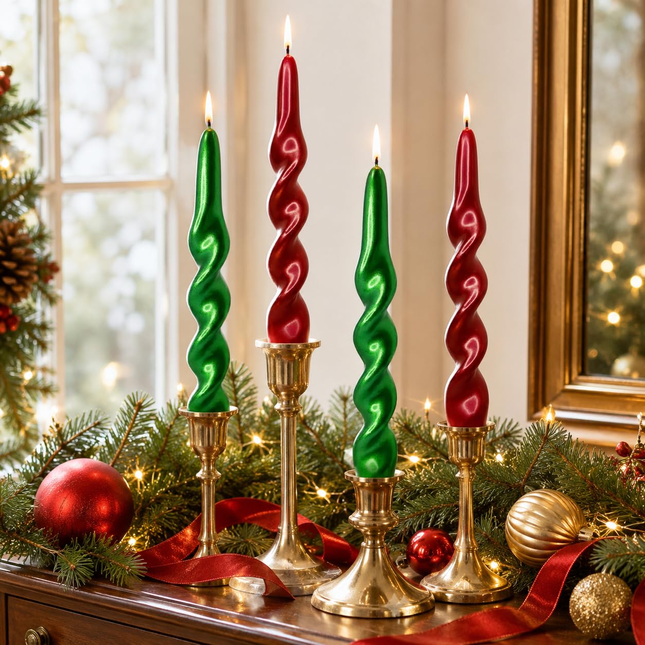 Metal Red Green Spiral Taper Candles Set of 4, 10 Inch Handmade Candle Stick, Unscented Twisted Candles, Tapered Candles for Wedding Christmas Home Decor
