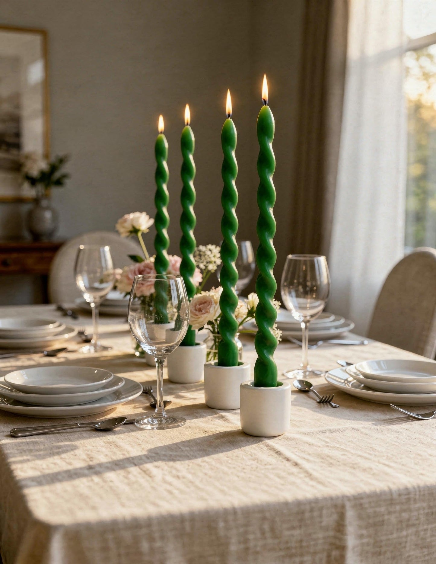 Viyffo Spiral Taper Candles 12 Inch – 4 Pack Dark Green, Dripless, Unscented, Smokeless – 9 Hour Burn – Tall Candlesticks for Wedding, Dinner, Holiday, Party, Home Decor