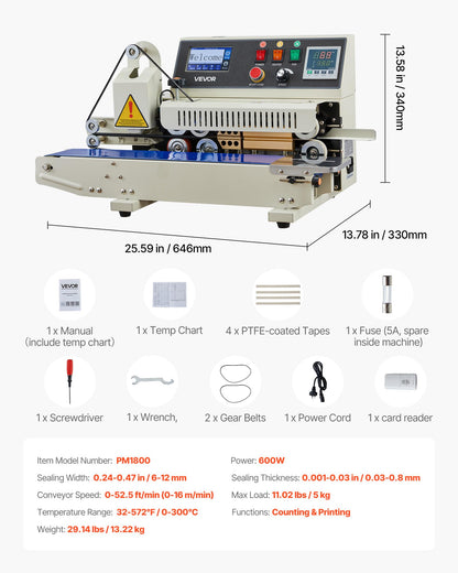 VEVOR Continuous Bag Band Sealing Machine, 0.24-0.47 in Seal Width, Horizontal Band Sealer Machine with Ink Printing, Temp & Speed Adjustable, Heat Sealing Machine for 0.001-0.03 in Plastic Bags