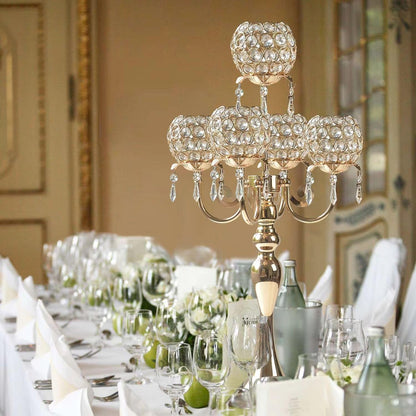2 PCS Kehail Crystal Table Decoration Gold Candle Holder with Pendant, 5 Arm Candelabra Holder Beautiful Hollow Engraved Table Centerpiece for Christmas, Thanksgiving, Weddings, Holiday Parties