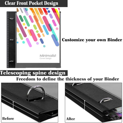 INFUN 1 Inch 3-Ring Telescoping Project Organizer Binder,13 Pocket, Customizable Front Cover, 5 Colors Pocket Divider and Plastic Binder Pocket，225 Sheet Capacity-Black