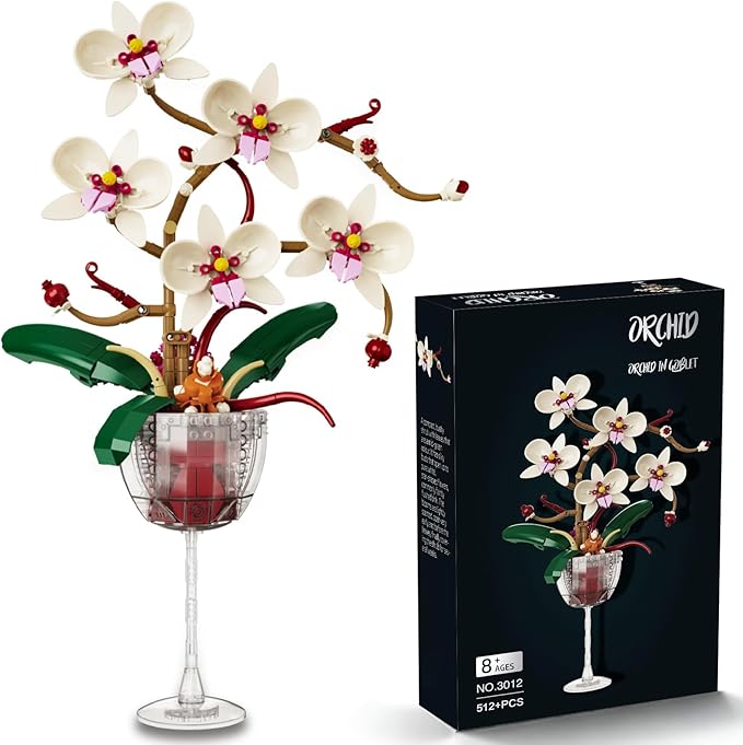 White Orchid Flower Building Set with Long Stem Wine Glass for Adults Compatible with Lego Botanical Flowers 512pcs Ideas Collection Toys for Home and Office Decor Gifts for Christmas Mother's Day
