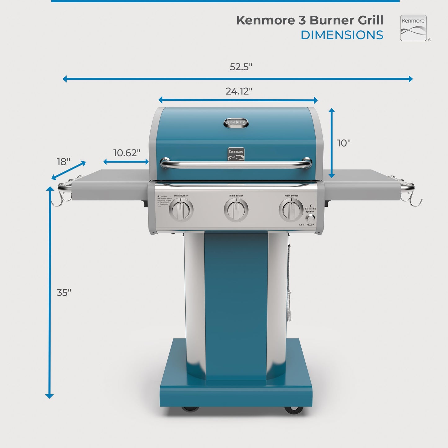 Kenmore 3-Burner Propane BBQ Grill, 30,000 BTUs Gas Grill with Cast Iron Cooking Grates, Folding Side Tables & Wheels, Outdoor Grill with Tool Hooks, Teal
