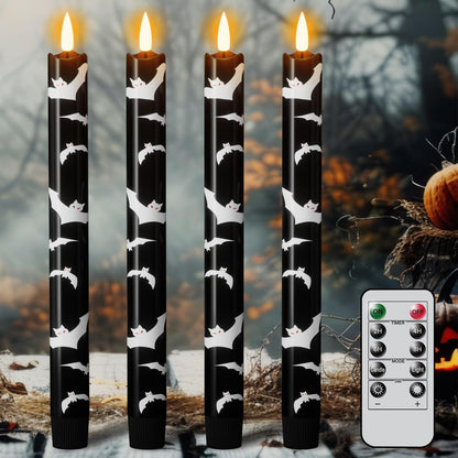 Eldnacele Flameless Flickering Taper Candles with Remote and Timer, Battery Operated Bats Decal Real Wax Black LED Window Candles Set of 4 Fireplace Spooky Halloween Holiday Decor