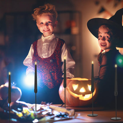 SHENSY 3 Pack Halloween Black Flameless Taper Candles –Drip Real Wax Battery Operated LED Candlesticks with 3D Flickering Flame, Remote & Timer – Haunted Decor for Spooky Tables & Windows