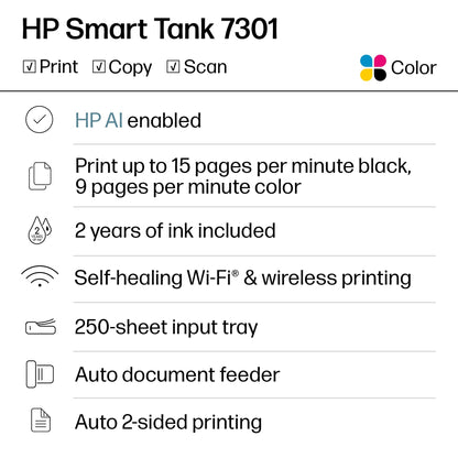 HP Smart Tank 7301 Wireless All-in-One Ink Tank Printer, Scanner, Copier with 2 Years of Ink Included, Best-for-Home Office, Cartridge-Free Refillable, AI-Enabled (28B70A)