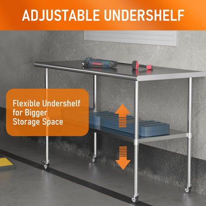HOCCOT Stainless Steel Table with Wheels 24" x 60" Utility Worktable with Adjustable Undershelf for Commercial Kitchen, Garage, Restaurant