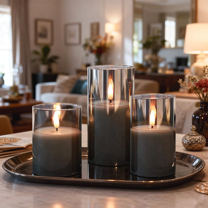 GenSwin Glass Flameless Candles with Remote Battery Operated Flickering LED Pillar Candles Real Wax 3D Wick for Wedding Festival Home Decoration(Gray,Pack of 3)