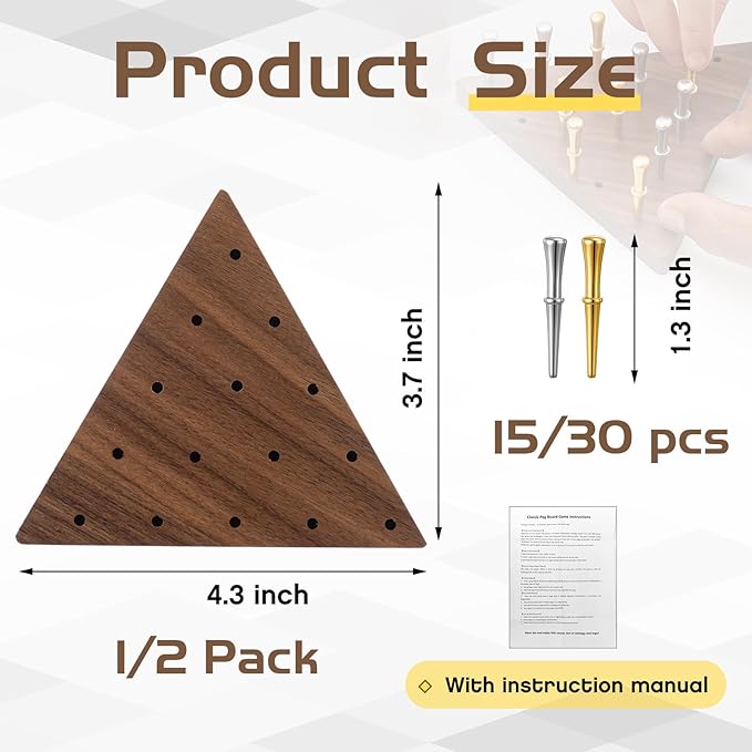 Estune 2 Set 4.3 Inch Walnut Wooden Triangle Peg Game Portable Board with Storage Bag Classical Peg Triangular Game for Adults Family Friends Home Winter Holiday Christmas Party
