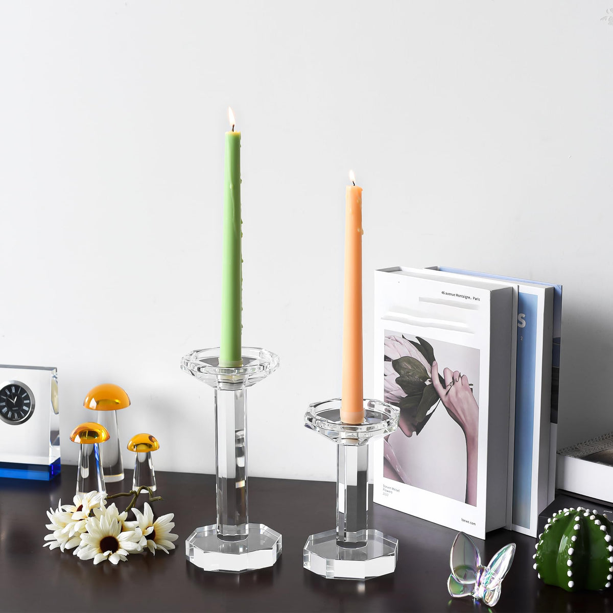 DONOUCLS Crystal Candlestick Holders Set of 2, Clear Crystal Taper or Pillar Candles Holders, Table Centerpieces for Party and Wedding Decoration(6''/8'' Tall)