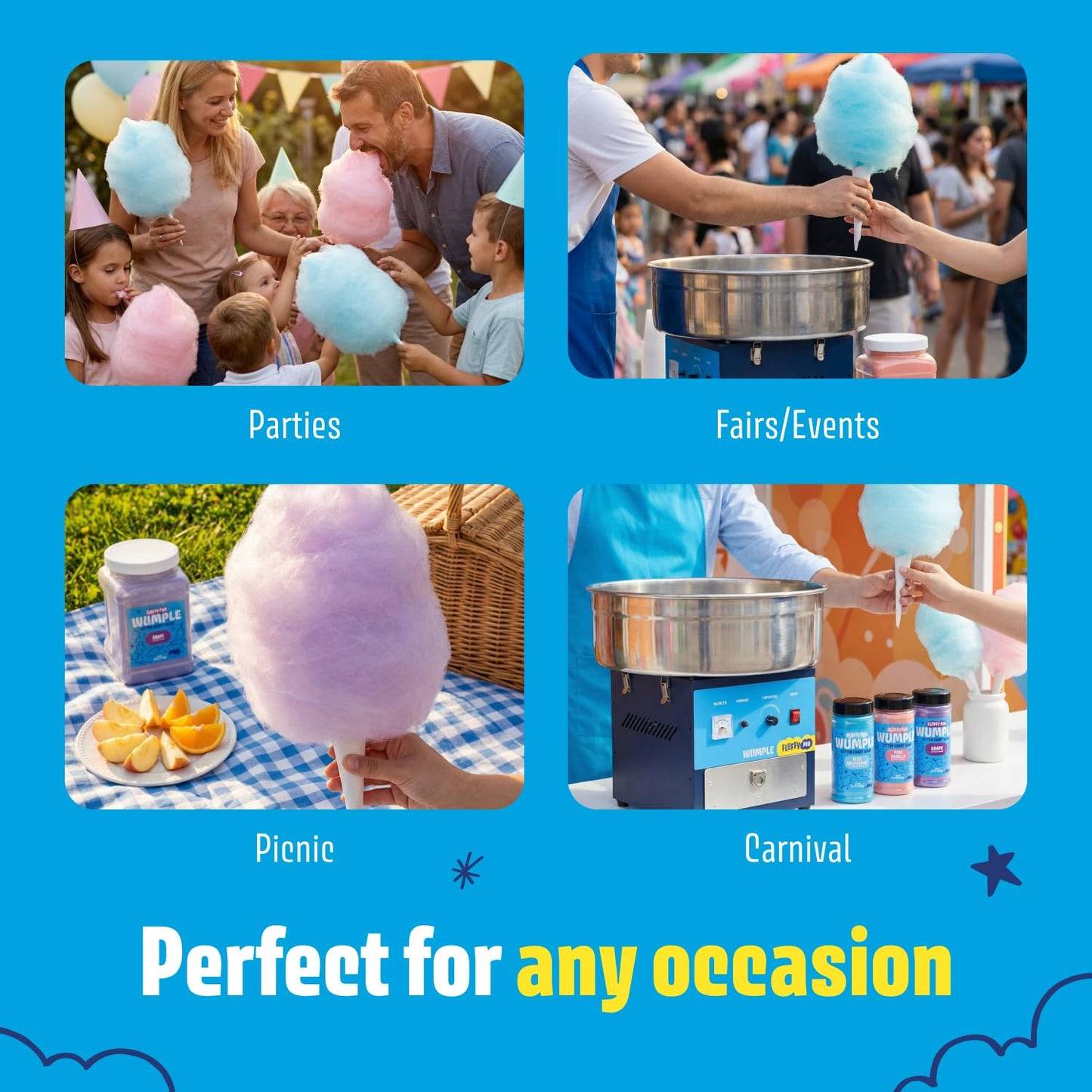 Wumple Cotton Candy Machine Pro Bundle - Commercial Electric Maker with Drawer, Large Stainless Steel Bowl & 3 Flavored Sugars - 70 Cones Included - Perfect for Parties & Business - Blue