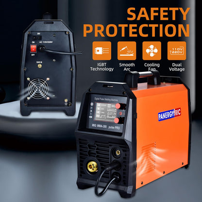PANERGYRIC Aluminum MIG Welder with Dipulse 300A 110V/220V Dual Voltage 5 in 1 Multifunctional Welding Machine Gas/Gasless Flux MIG/Pulse MIG/Lift TIG/Stick with LCD Digital Display