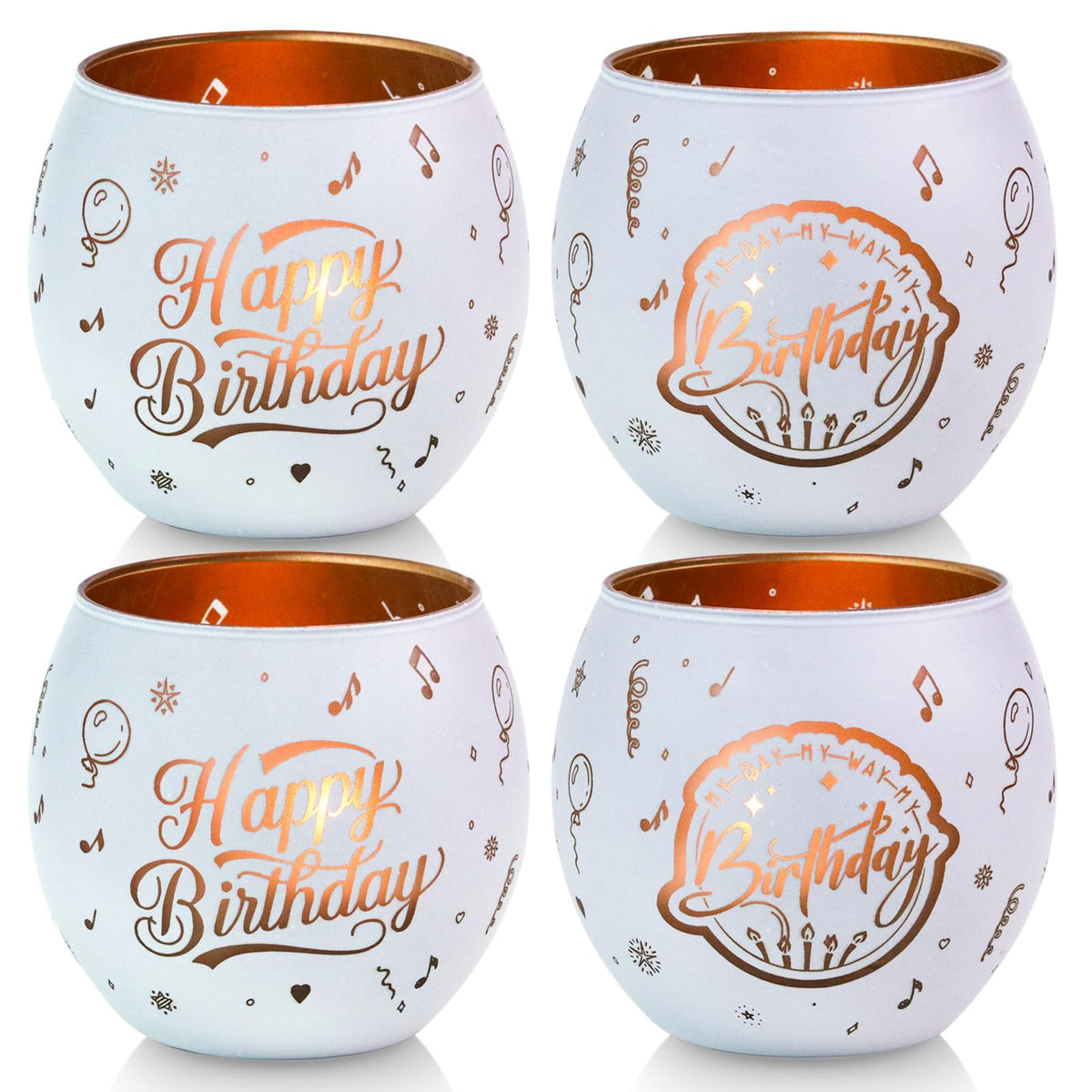 Happy Birthday Decorations White Glass Tealight Votive Candle Holders Set of 4, Birthday Gift Decor with Balloon Carvings, Birthday Party Centerpieces Table