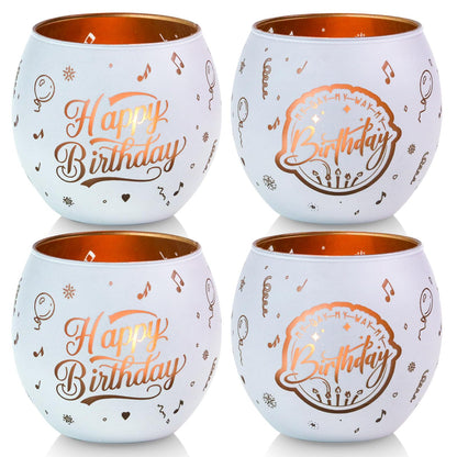 Happy Birthday Decorations White Glass Tealight Votive Candle Holders Set of 4, Birthday Gift Decor with Balloon Carvings, Birthday Party Centerpieces Table