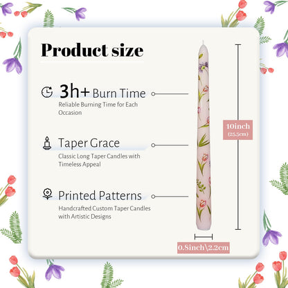 Taper Candles 10 Inch Print Candle Handmade Unscented Tulip Long Candles 2 Pack Twisted Candlesticks for Wedding Home Decoration Gifts