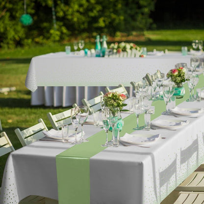 8Pack Plastic Tablecloths and Satin Table Runner Set Disposable White and Sage Green Dot Table Cloth Green Satin Table Runner for Wedding Birthday Baby Shower Anniversary Holiday Party Decorations