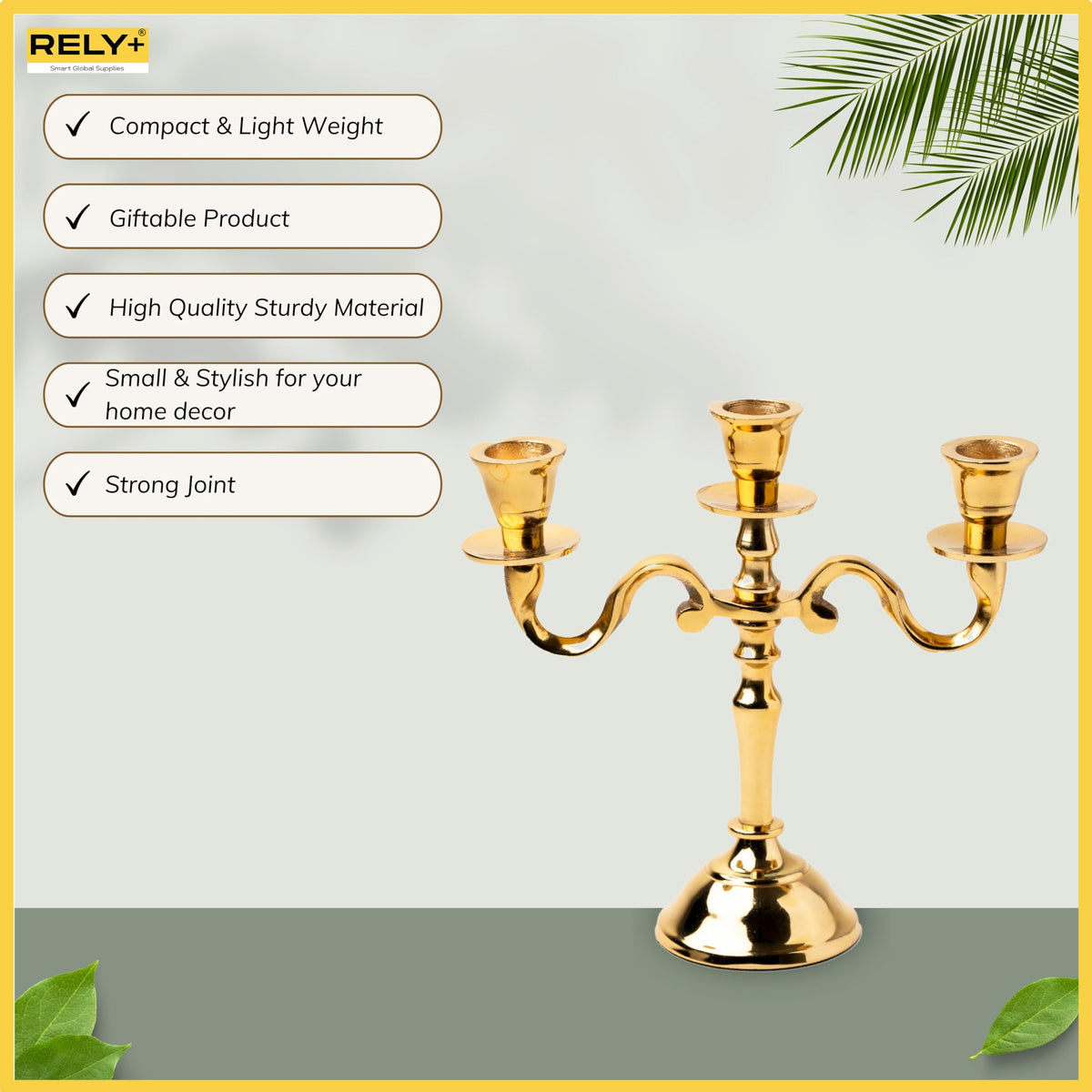 Rely+ 3 Arm Baby Candelabra Gold Glossy 8 Inch Taper Candle Holders Gothic Decorations Candlesticks Holder Home Decor Wedding Parties Centerpiece for Dining Table