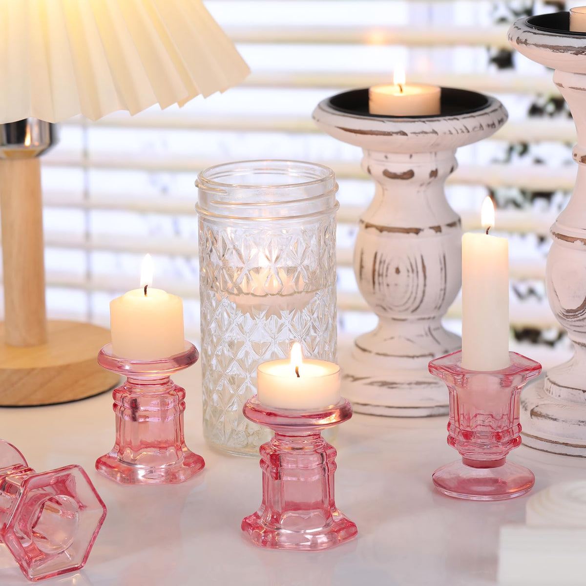 Lanttu 12 Pcs Pink Candlestick Holders Bulk, Glass Candle Holders Set, Crystal Taper Candle Holder for Wedding, Table Centerpiece, Home Decoration