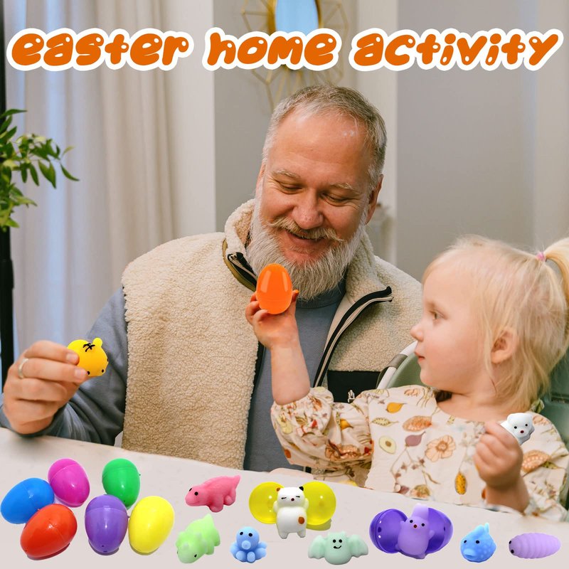 24 PCS Plastic Easter Eggs Filled with 24 PCS Mochi Squishy Toys for Kids, Perfect for Easter Egg Hunt Game, Easter Basket Fillers, Easter Party Favor Supplies
