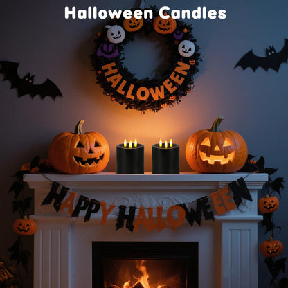 Large 3 Wick Flameless Candles, 4"x4" Flickering LED Candles with Remote & Timer, Dimmable Real Wax Electric Pillar Candles Battery Operated, Black Candles Light for Home Halloween Decor (Black)