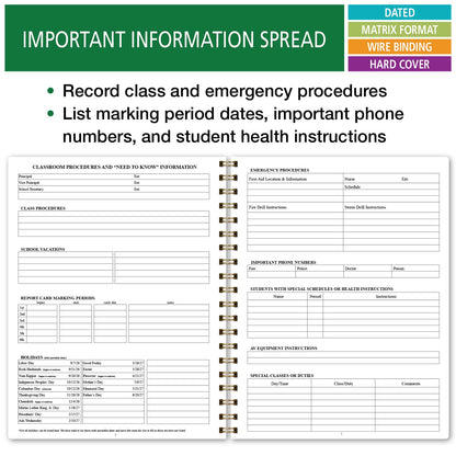 Elan Publishing Company HARDCOVER 7 Period Dated Teacher Lesson Plan; Days Horizontally Across The Top Dated for 2026-2027 Academic Year with Bonus Clip-in Bookmark (Teal Floral)