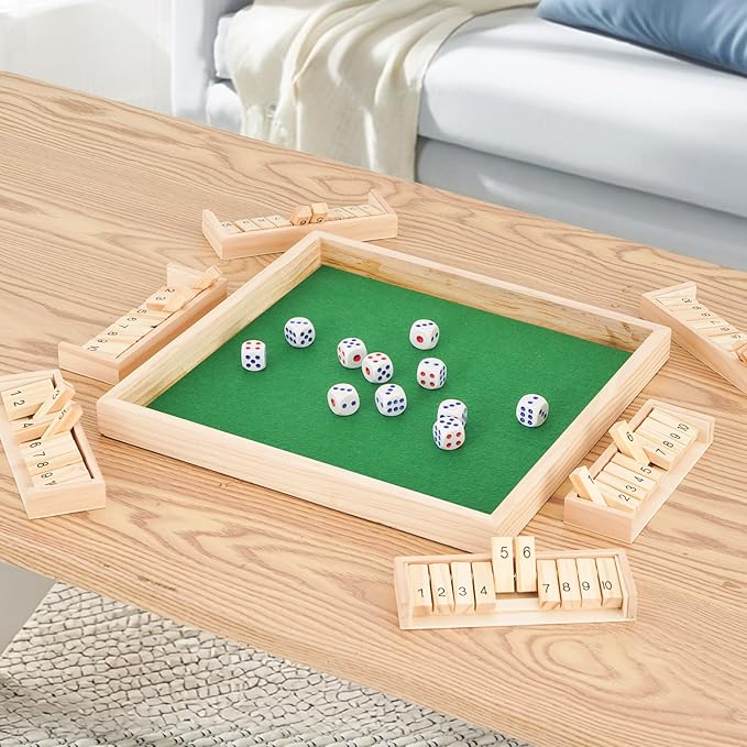 Upgraded 1-6 Players Shut The Box Dice Game with 12 Dice Wooden Classic Board Games Traditional Table Math Game Tabletop Math Dice Game for Pub Bar Home Classroom Party