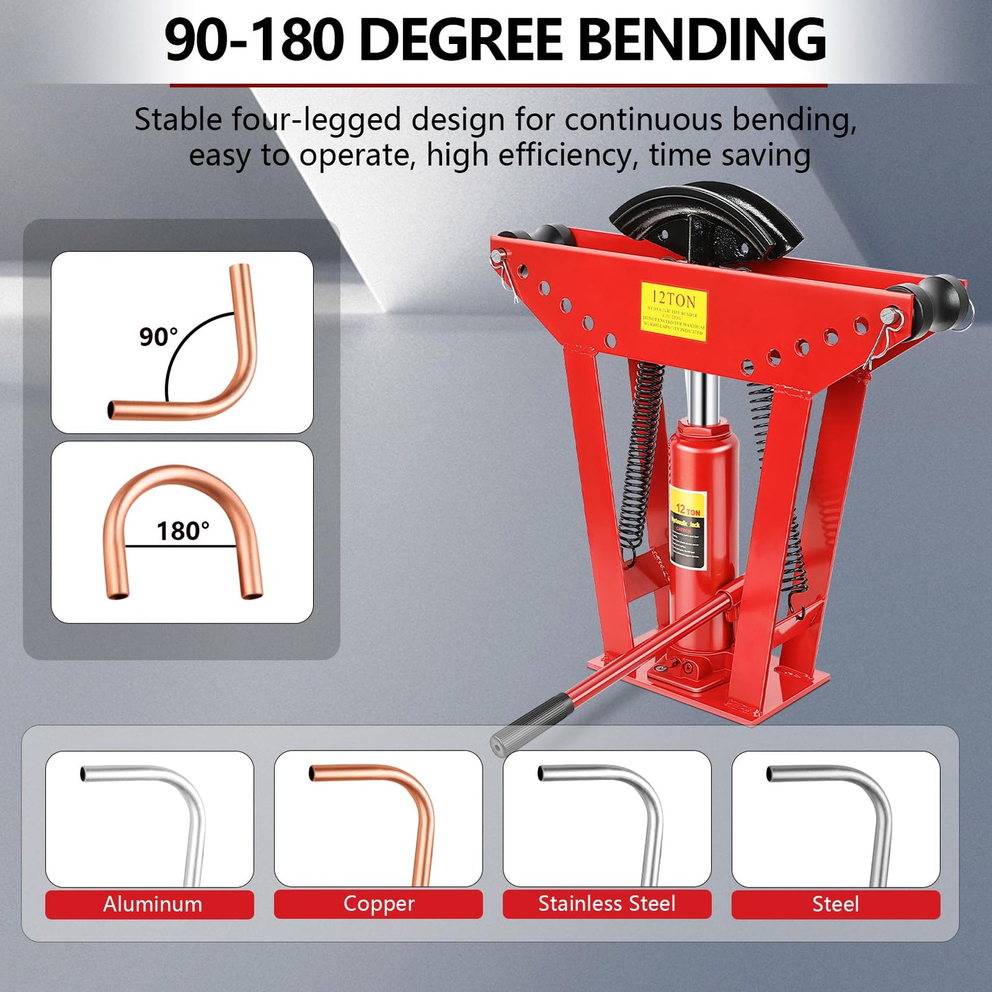 Hydraulic Pipe Bender, 12 Ton Manual Copper Pipe Bender, 90°-180° Adjustable Rollers Hydraulic Tubing Bender with 6 Dies for Steel Iron Metal Ratcheting