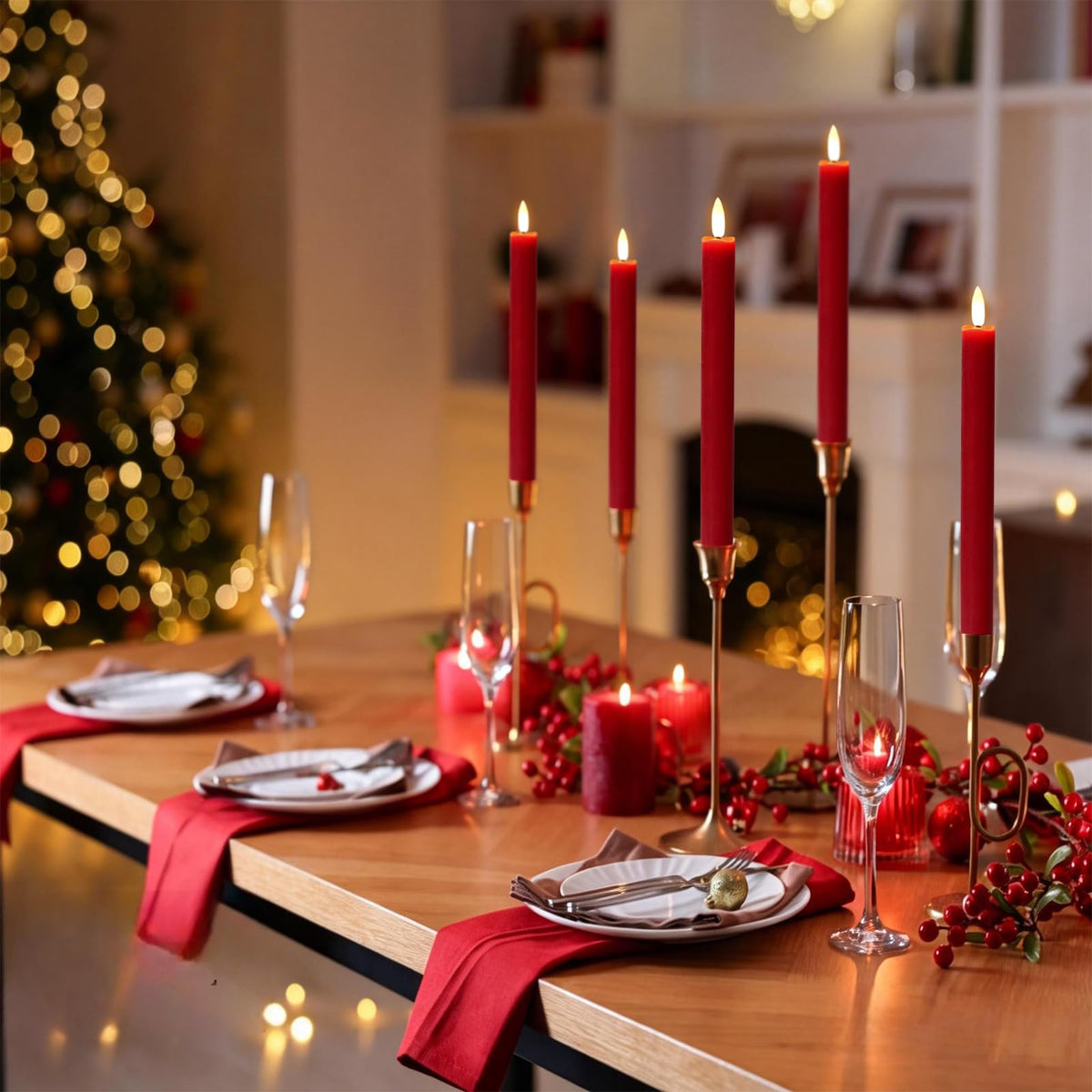 Wondise Flameless Taper Candles with Timer, 6 Pack Battery Operated LED Flickering Real Wax Red Candle for Christmas Wedding Dinner Decorations