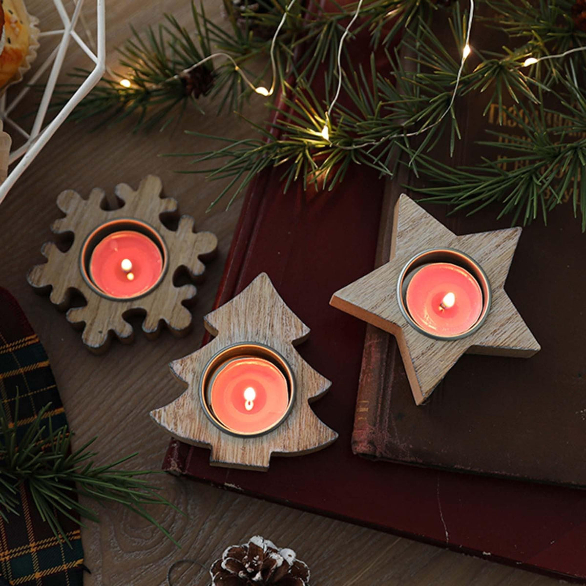 Candlestick Holders Christmas Wooden Snowflake Candlestick Christmas Tree Candlestick Five Pointed Star Candlestick Window Desktop Decoration Scene Candle Holders (Color : B)