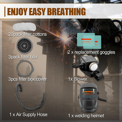 Auto Darkening Welding Helmet with PAPR Respirator System, Large Viewing Welding Hood Powered Air Purifying Respirators with Fan