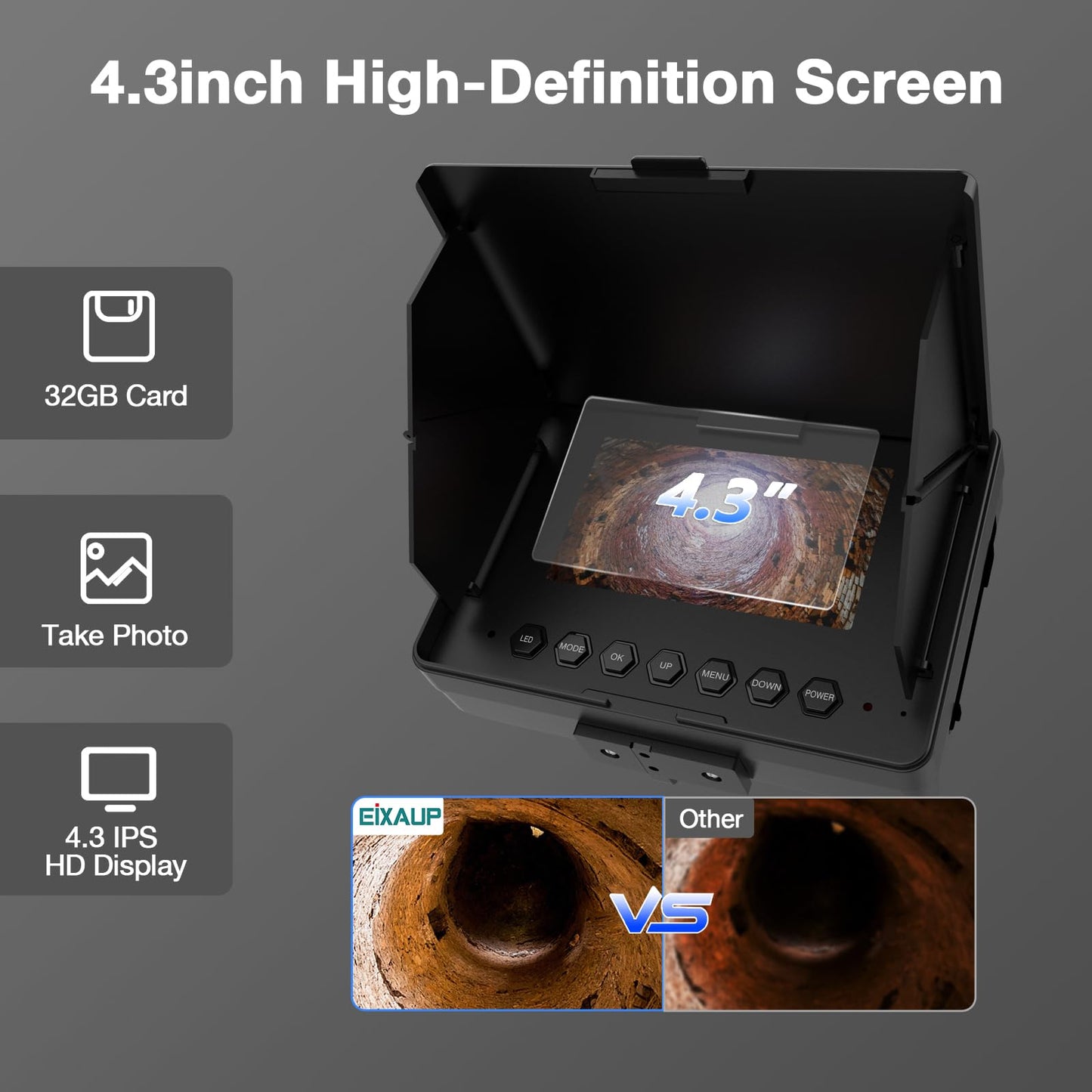EIXAUP Sewer Camera 100 FT, 4.3" HD Screen, 23mm Industrial Endoscope with Light,32GB Card, Portable Drain Camera with 8500mAh Battery,Ideal for Plumbers and Homeowners(No DVR)