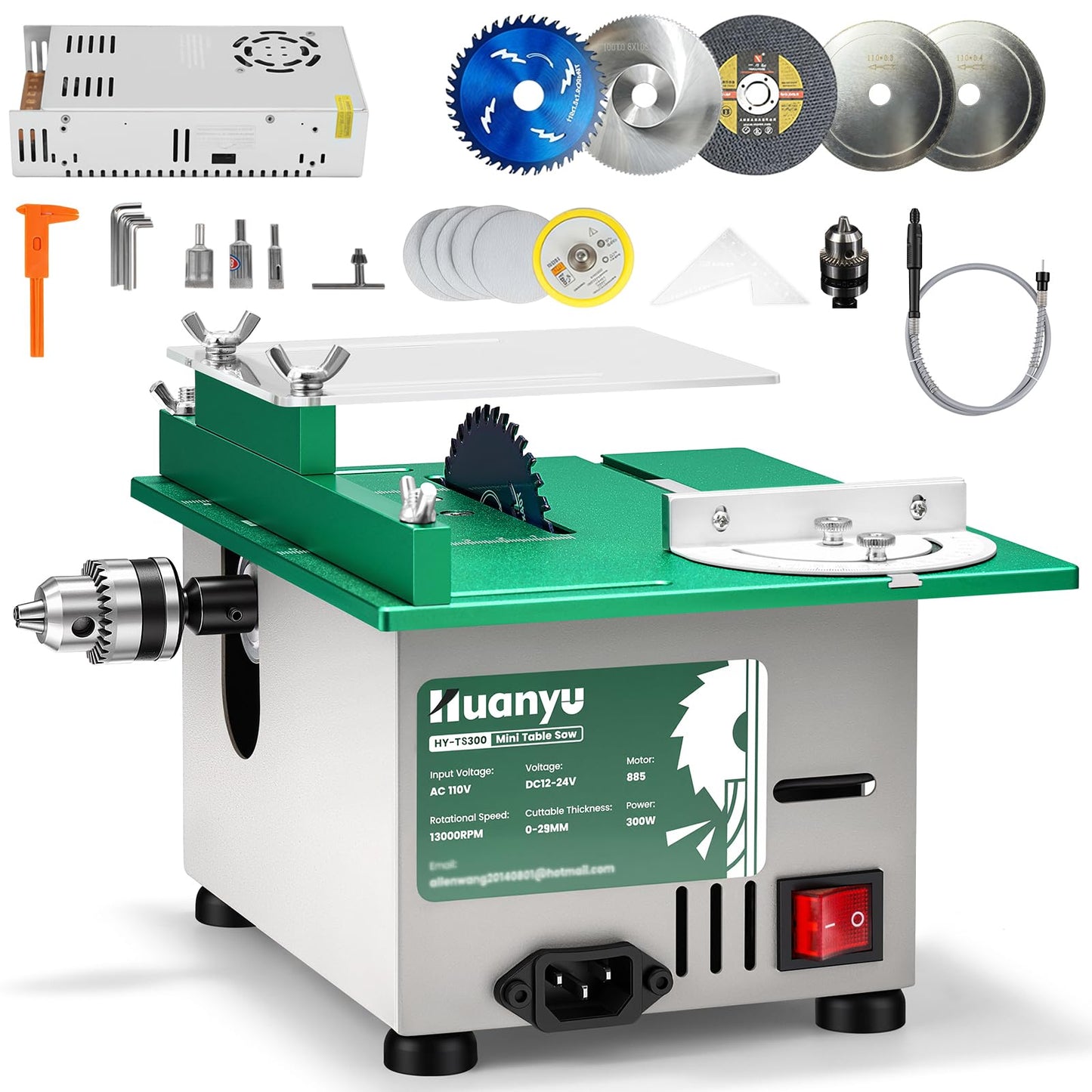 Huanyu Mini Table Saw 300W 1.14IN Cut Depth Portable Precision Hobby Table Saws Set for Wood Model DIY Crafts Woodworking 0-180° Angle Cutting Multifunctional 7-Level Speed Adjustable