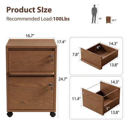 KungFuWood Wheeled Double-Drawer Filing Cabinet, Lockable Metal Filing Cabinet, Suitable for Home Offices or Storage cupboards for Storing Legal documents or Letter-Sized Files.