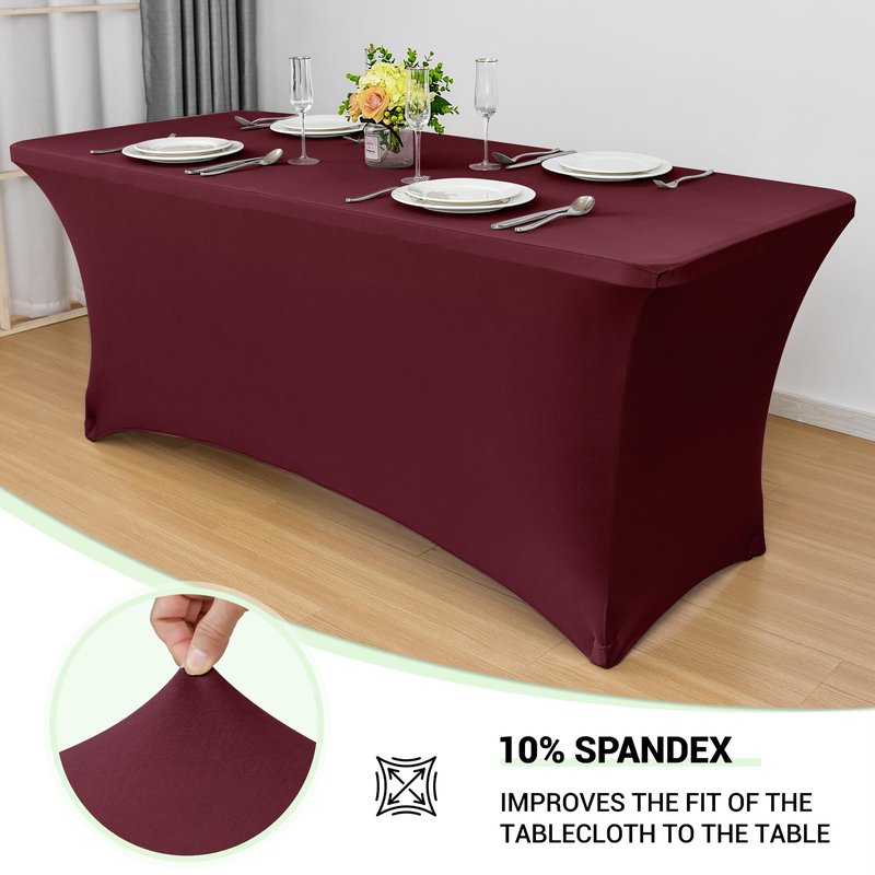 Obstal 8Ft Stretch Spandex Table Cover for Standard Folding Tables - 2 Pack Universal Rectangular Fitted Tablecloth for Party, Banquet, Events, Trade Show (Wine Red, 96L x 30W x 30H Inches)