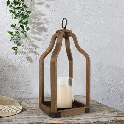 Rustic Wood Lantern Candle Holder for Farmhouse Decor - Indoor and Outdoor Table Centerpiece with Glass Hurricane, 15.7" High