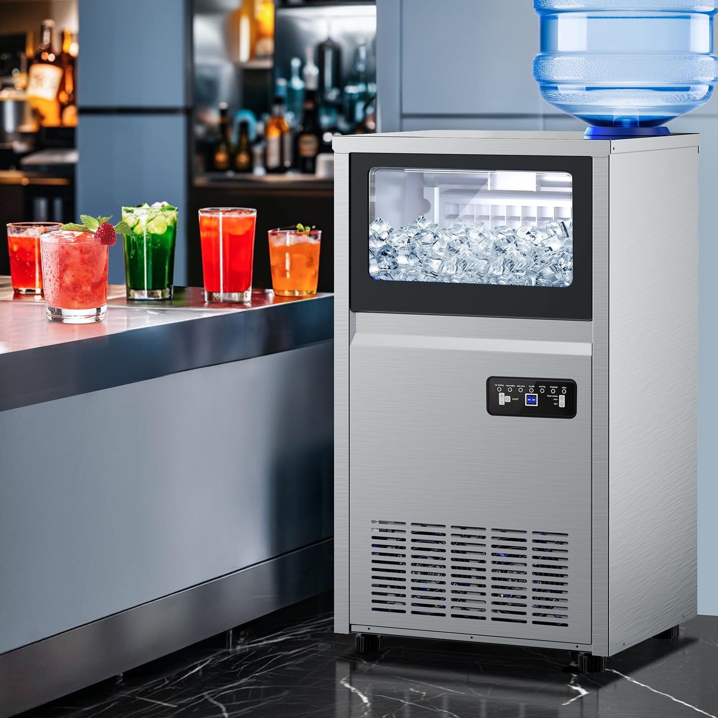 Commercial Ice Maker Machine, 150Lbs/24H with 45Lbs Storage, Fast Ice Making in 8-15Mins, Stainless Steel Under Counter or Freestanding Ice Machine for Home, Party, Office - 2 Water Inlet Modes