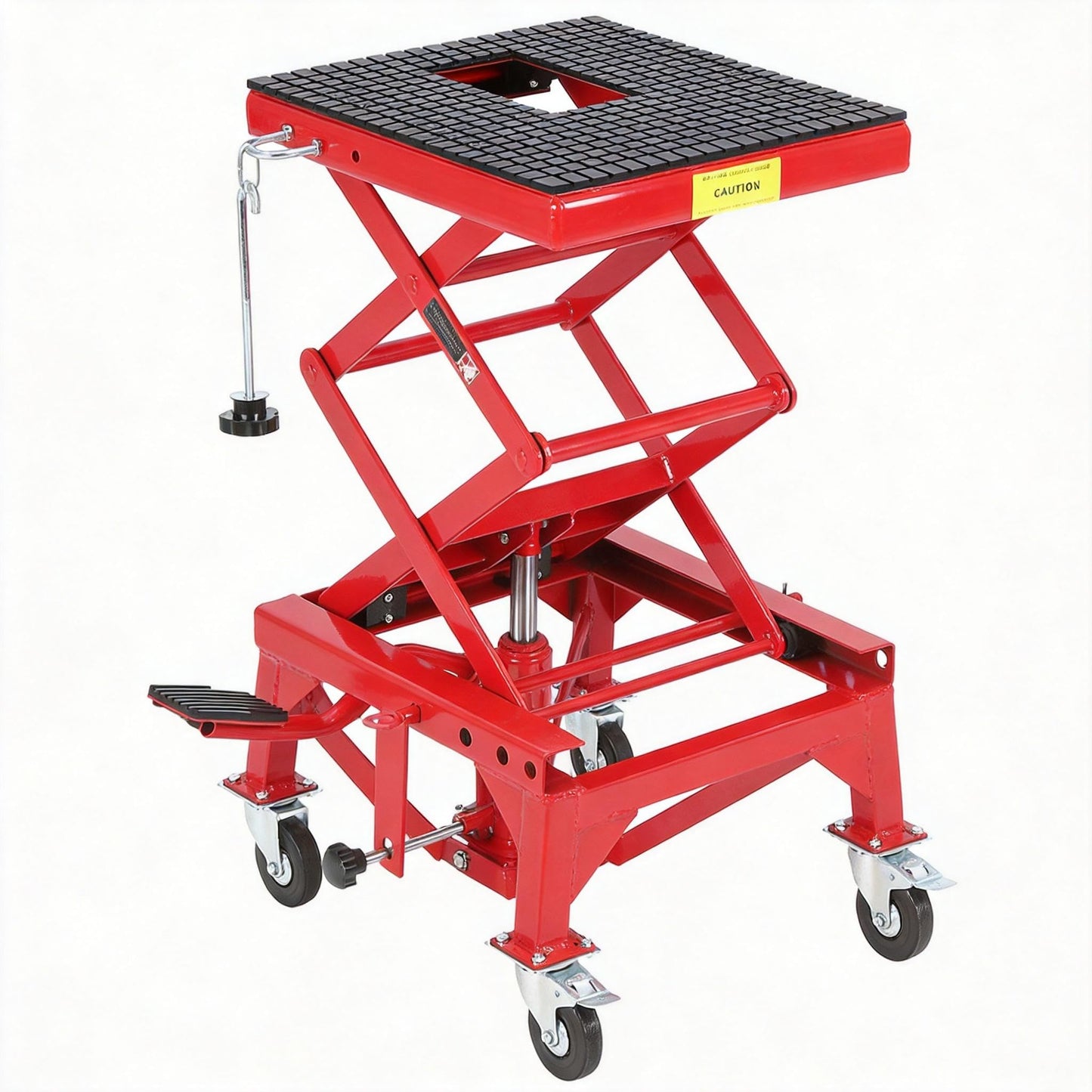 Hydraulic Motorcycle Lift Table, 350 LB Capacity Foot Operated Motorcycle Scissor Jack with 4 Wheels & Wide Deck & J-Hooks, 13.3-33.4 in Lifting Height, Ideal for ATV Dirt Bikes, Red