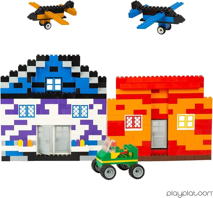 Play Platoon 1100 Pieces Building Bricks Set - 10 Classic Color Blocks - Bulk Building Blocks Compatible with Major Brands 14 Different Shape Bricks - Includes Wheels Tires Axles Windows &amp Doo