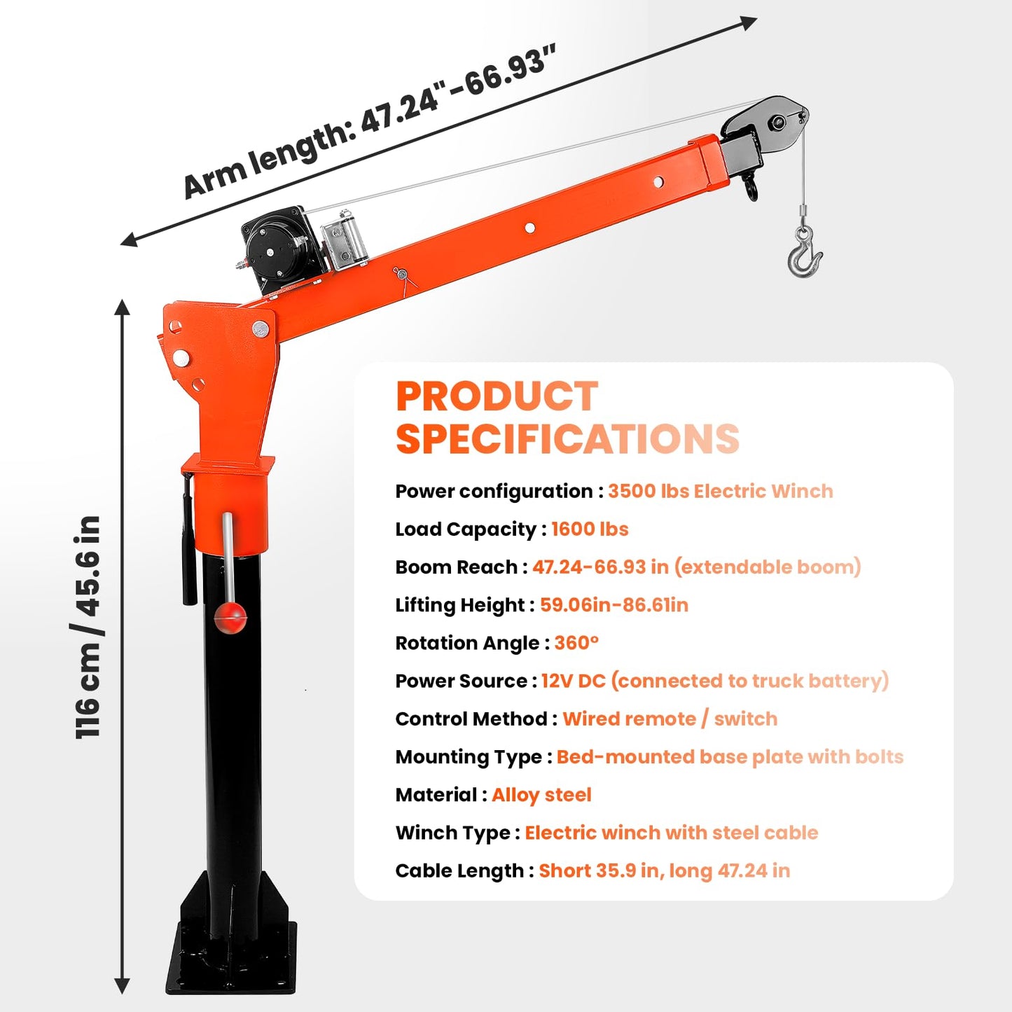 EQUCKKY 1600lbs Electric Pickup Truck Crane & 3500lbs Electric Winch, Folding Truck-Mounted Bed Crane Hoist, 360° Swivel, 3 Adjustable Boom, 12V DC, for Construction Auto Repair Complimentary Returns!