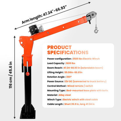 EQUCKKY 1600lbs Electric Pickup Truck Crane & 3500lbs Electric Winch, Folding Truck-Mounted Bed Crane Hoist, 360° Swivel, 3 Adjustable Boom, 12V DC, for Construction Auto Repair Complimentary Returns!