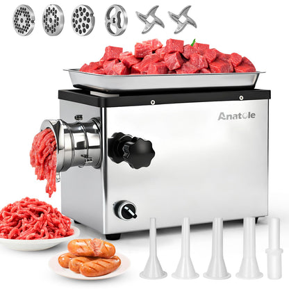 Anatole Commercial Electric Meat Grinder 1.3 HP 950 W Heavy Duty Meat Bones Mincer Stainless Steel Sausage Stuffer with 4 Grinding Plates 2 Blades for Restaurant Hotel 110V