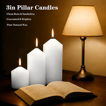 Trxvxo White Pillar Candles Bulk Set of 12, 3 Different Lengths 3 x 3/6/8 Inch (4 Each), Hurricane Candles, Dripless Unscented Smokeless, Gives You a Better Atmosphere When Organizing an Event Party.
