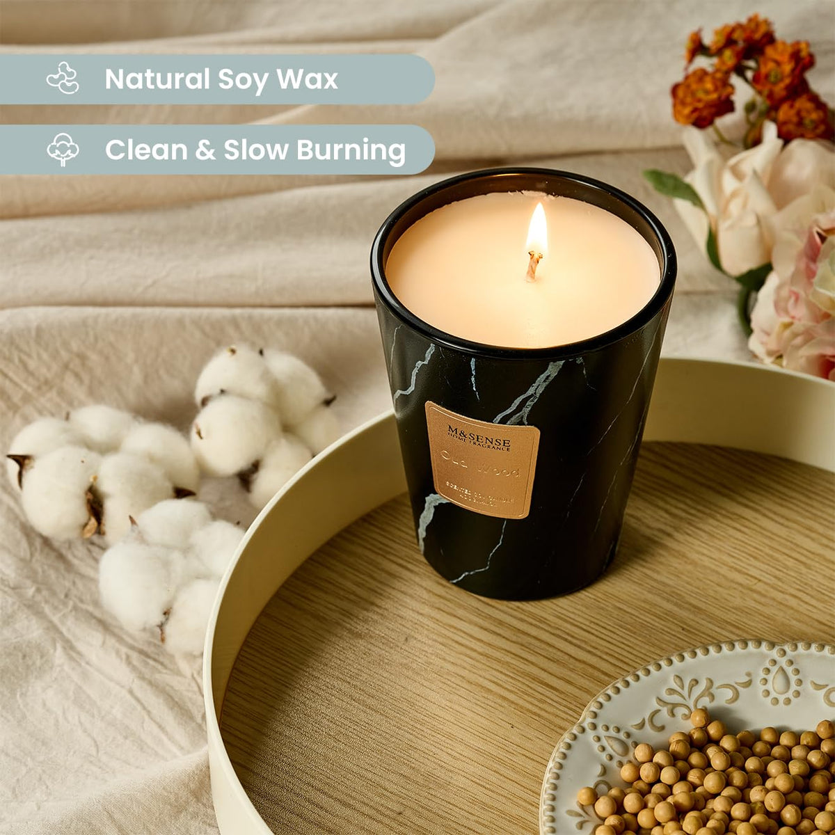 M&SENSE Oud Wood Scented Soy Candle, 3 Wick Highly Scented 14.1 Oz 75H, Aromatherapy Christmas Gift for Women and Men