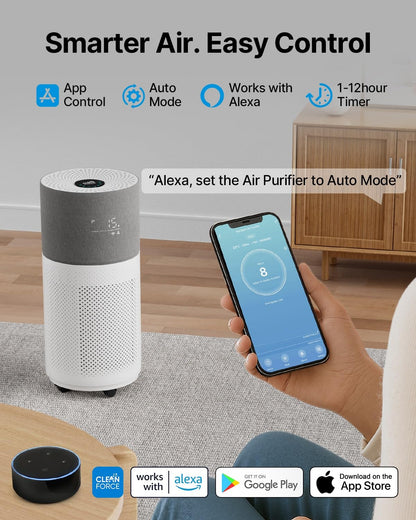 CleanForce Rainbow Air Purifier for Large Room up to 2250 ft², Advanced True HEPA & Carbon Filter, Reduces Dust, Pollen, Smoke & Pet Dander, Alexa/App Control, Ozone-Free | Gray